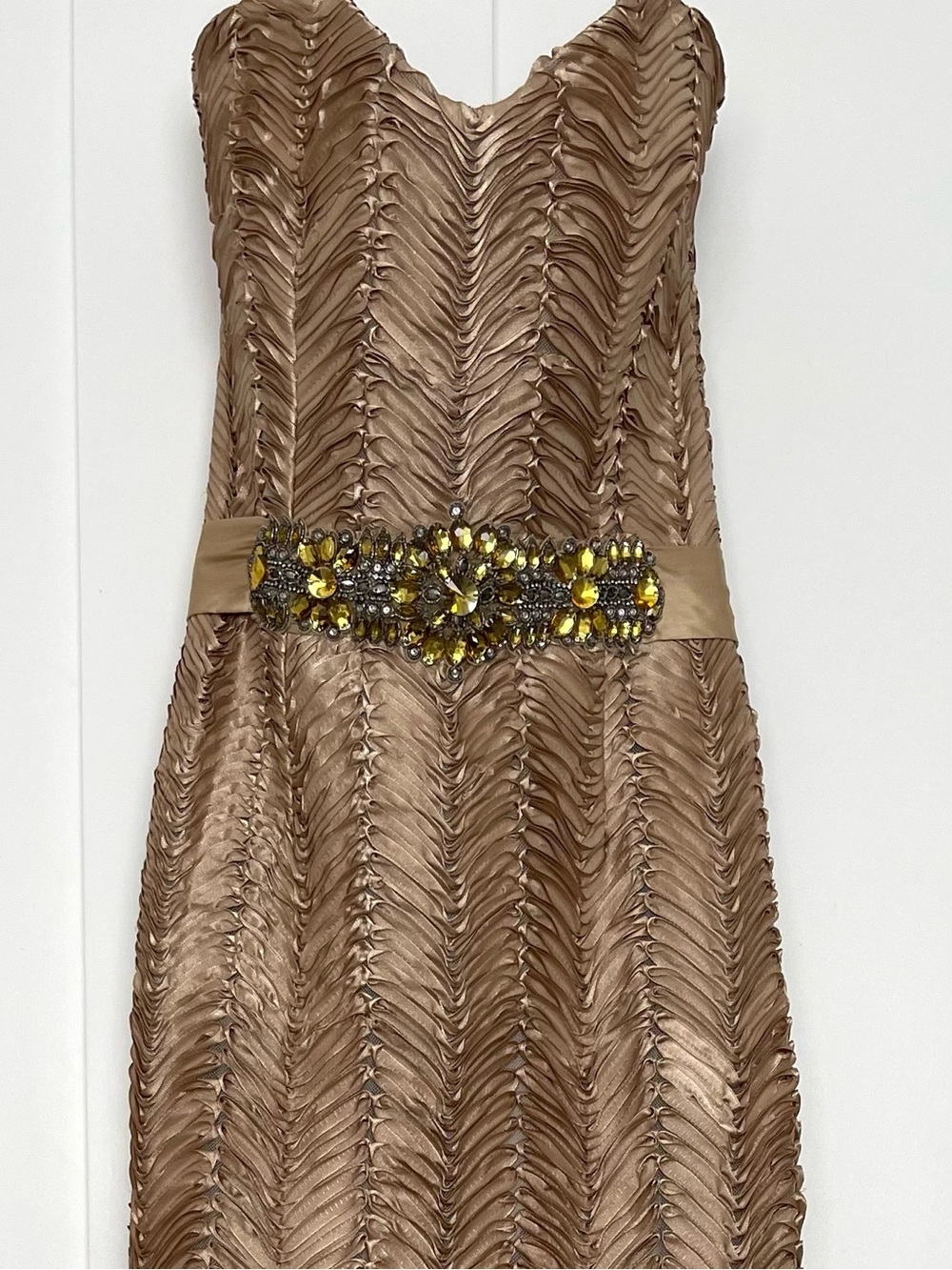 Badgley Mischka Champagne Strapless Maxi Dress with Jeweled Waist, Size 2